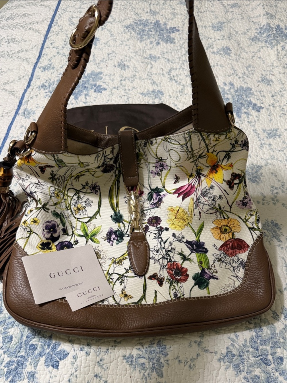 Gucci Jackie Brown Leather & Floral Canvas Shoulder Bag